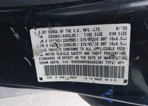 2006 Honda Cr-V Lx z USA, uszkodzony, nr VIN SHSRD685X6U400391